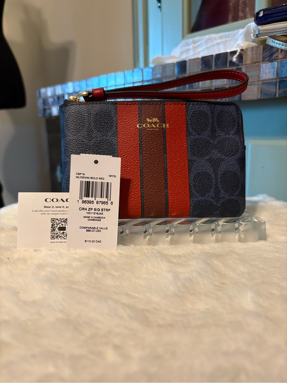 Coach Navy Wristlet with Red Center Stripe